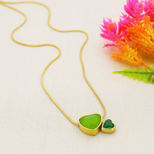 Double Heart Pendant Necklace with Green Stone_2