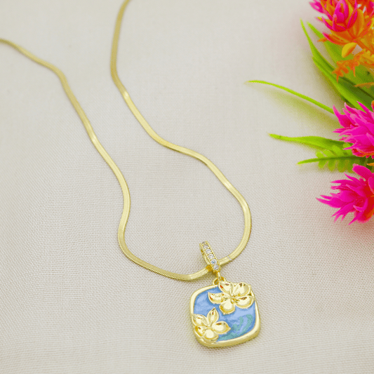 Gold Plated Blue Enamel Floral Pendant Necklace