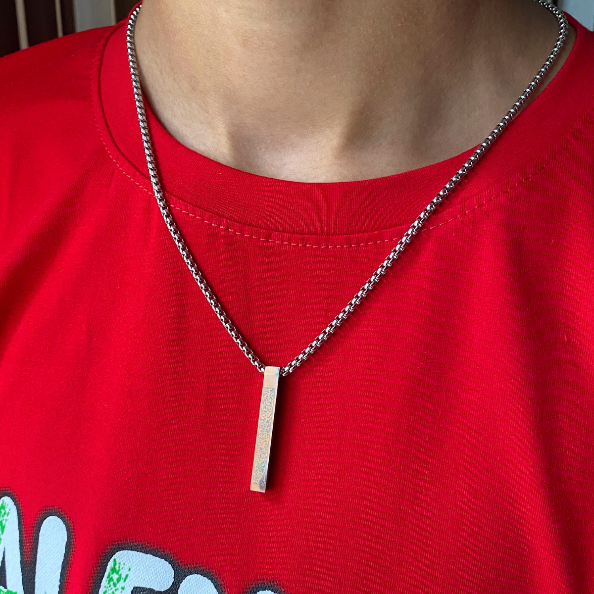 Men’s Box Chain Necklace with Textured Bar Pendant