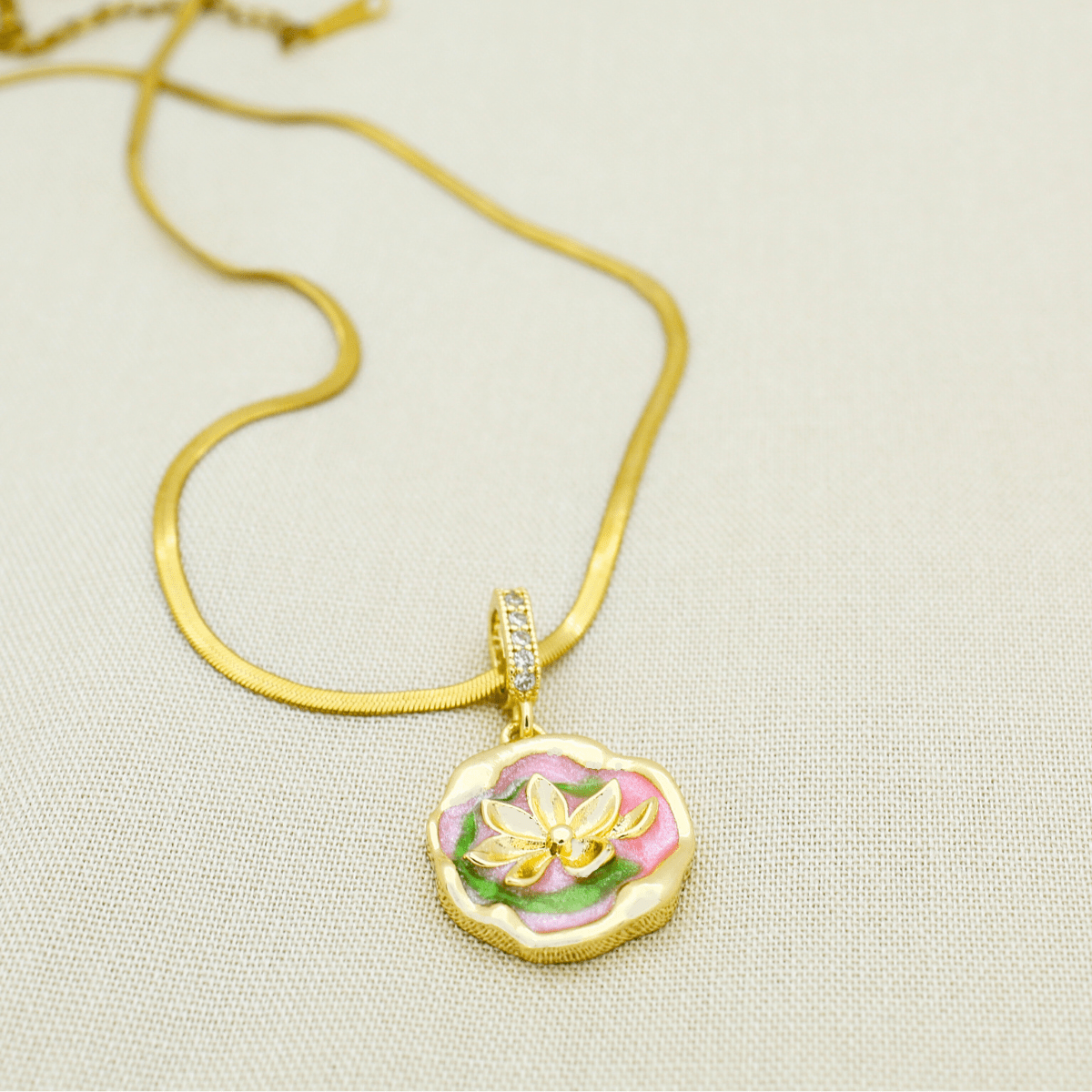 Enamel Floral Lotus Pendant Necklace