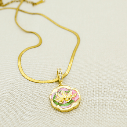 Enamel Floral Lotus Pendant Necklace