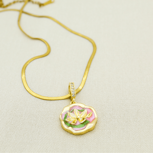 Enamel Floral Lotus Pendant Necklace