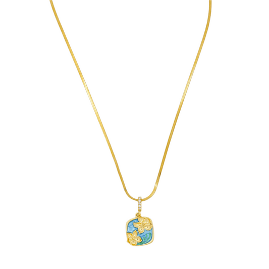Gold Plated Blue Enamel Floral Pendant Necklace1